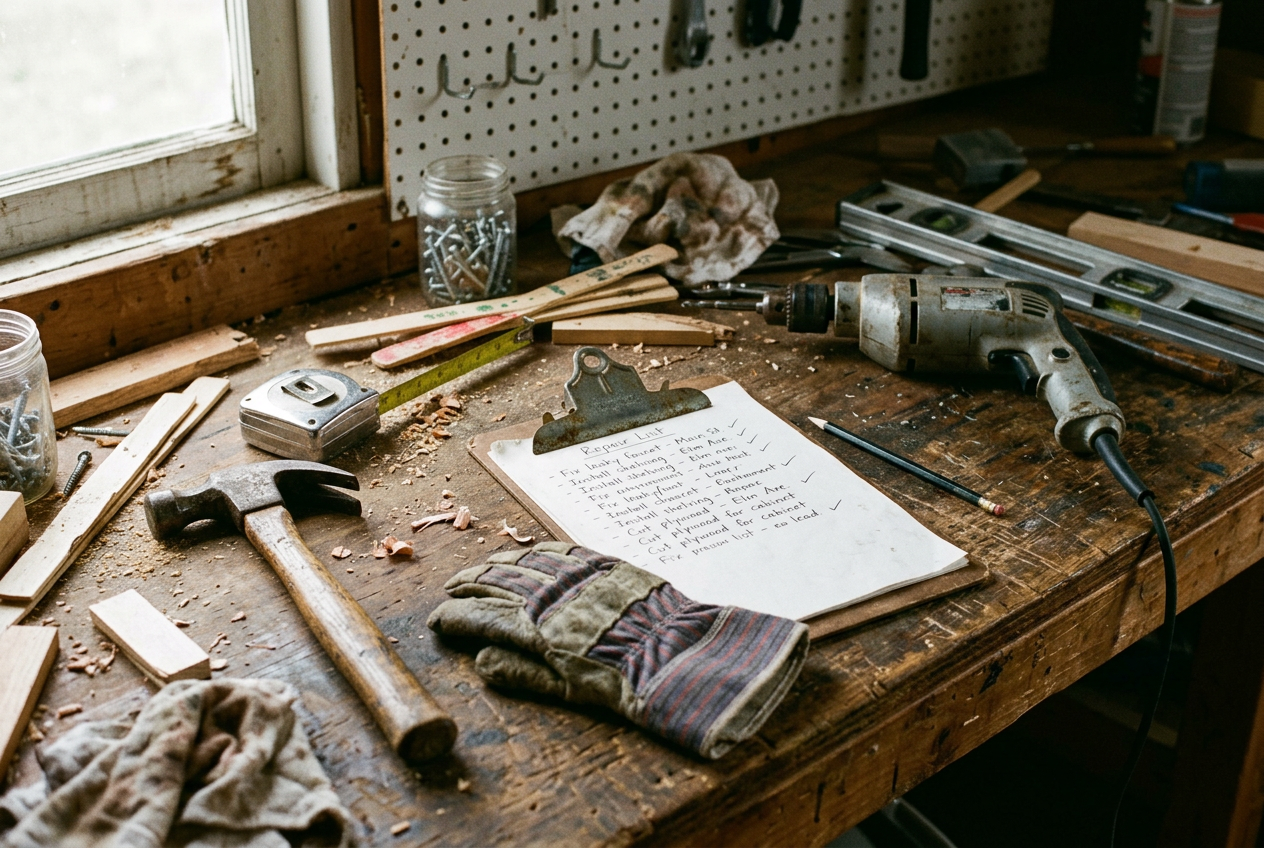 Handyman workbench with tools and a repair list