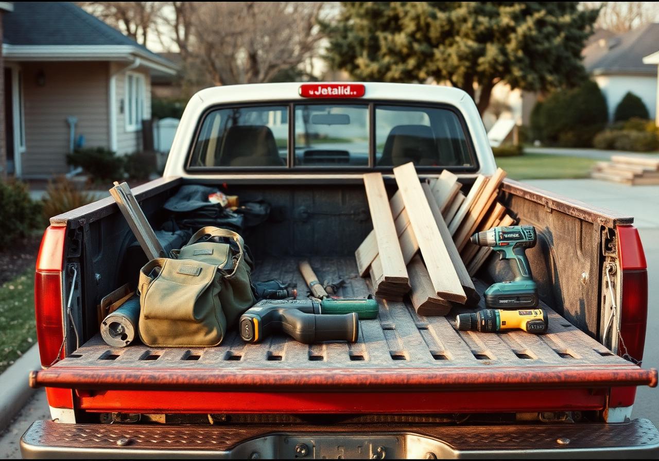 Handyman pickup truck with tools and lumber