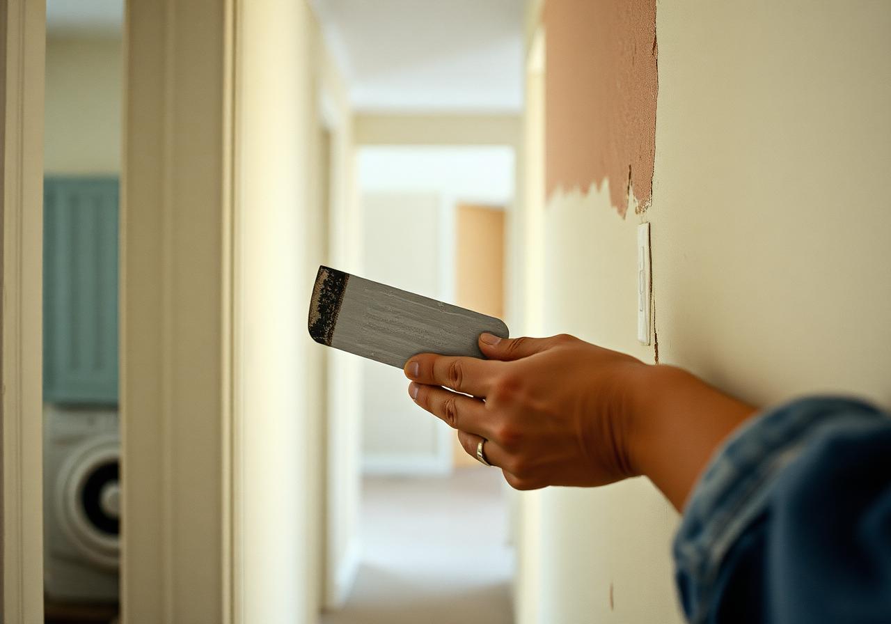 Handyman patching drywall in a hallway